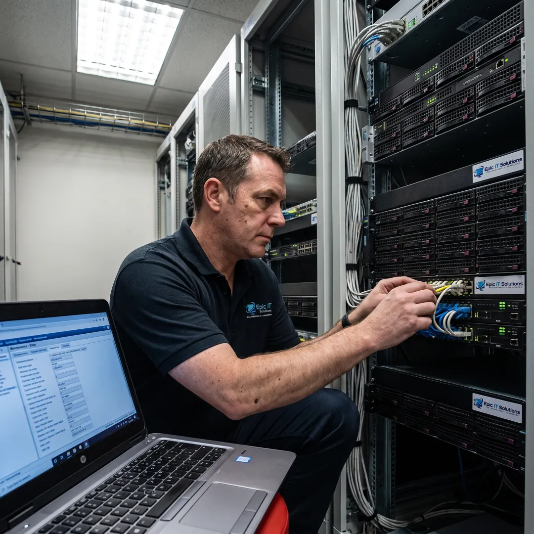 Technician maintaining a business server rack