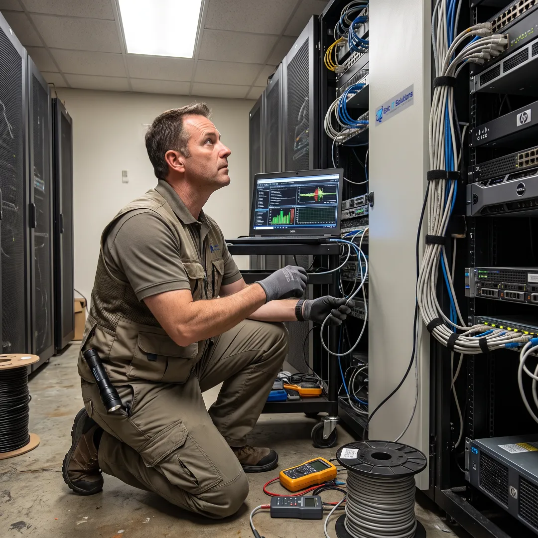 Technician reviewing business network equipment