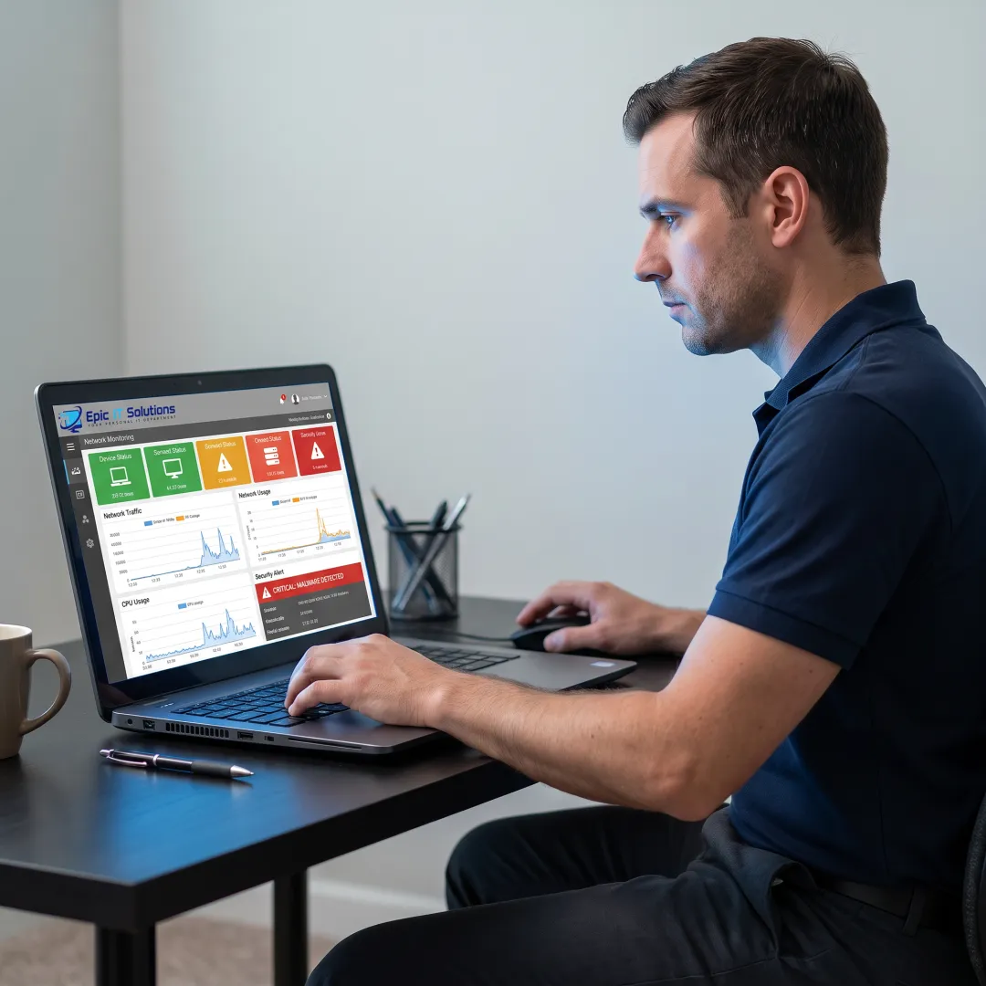 Technician reviewing network monitoring dashboard
