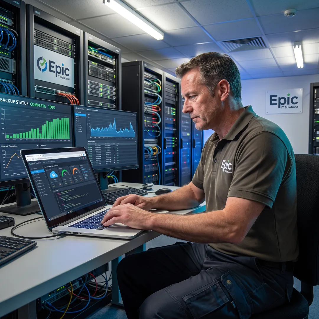 Technician managing business cloud systems