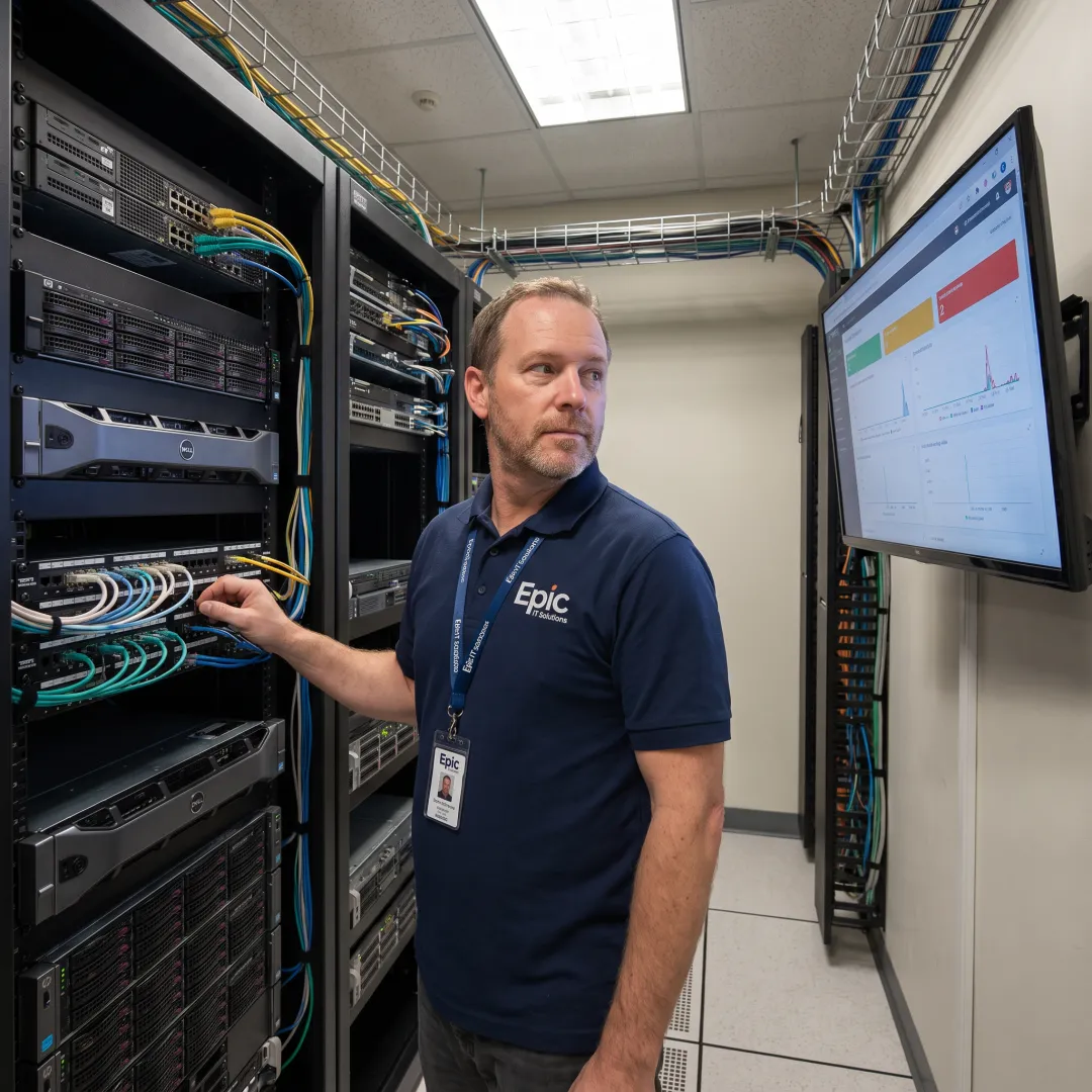 IT specialist inspecting enterprise server equipment