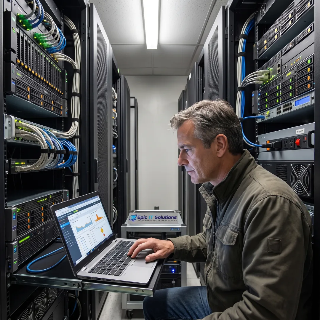 Technician reviewing server and network equipment