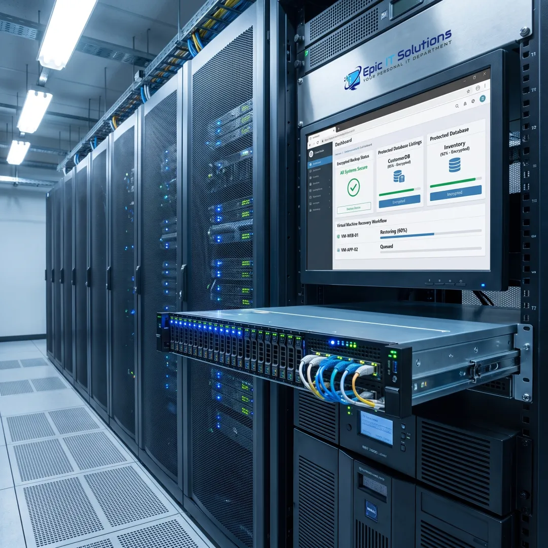 Business server connected to encrypted cloud backup