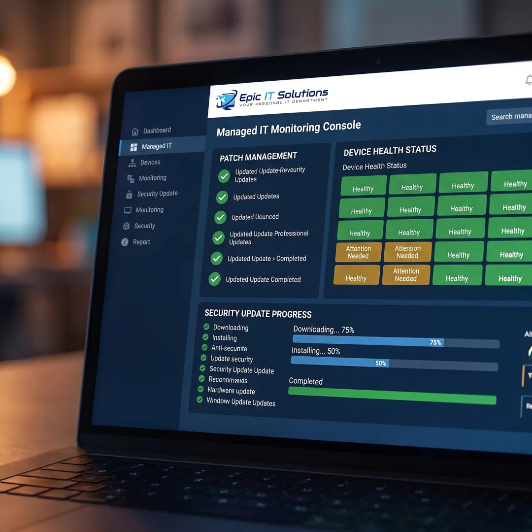 Business technology dashboard showing managed software updates