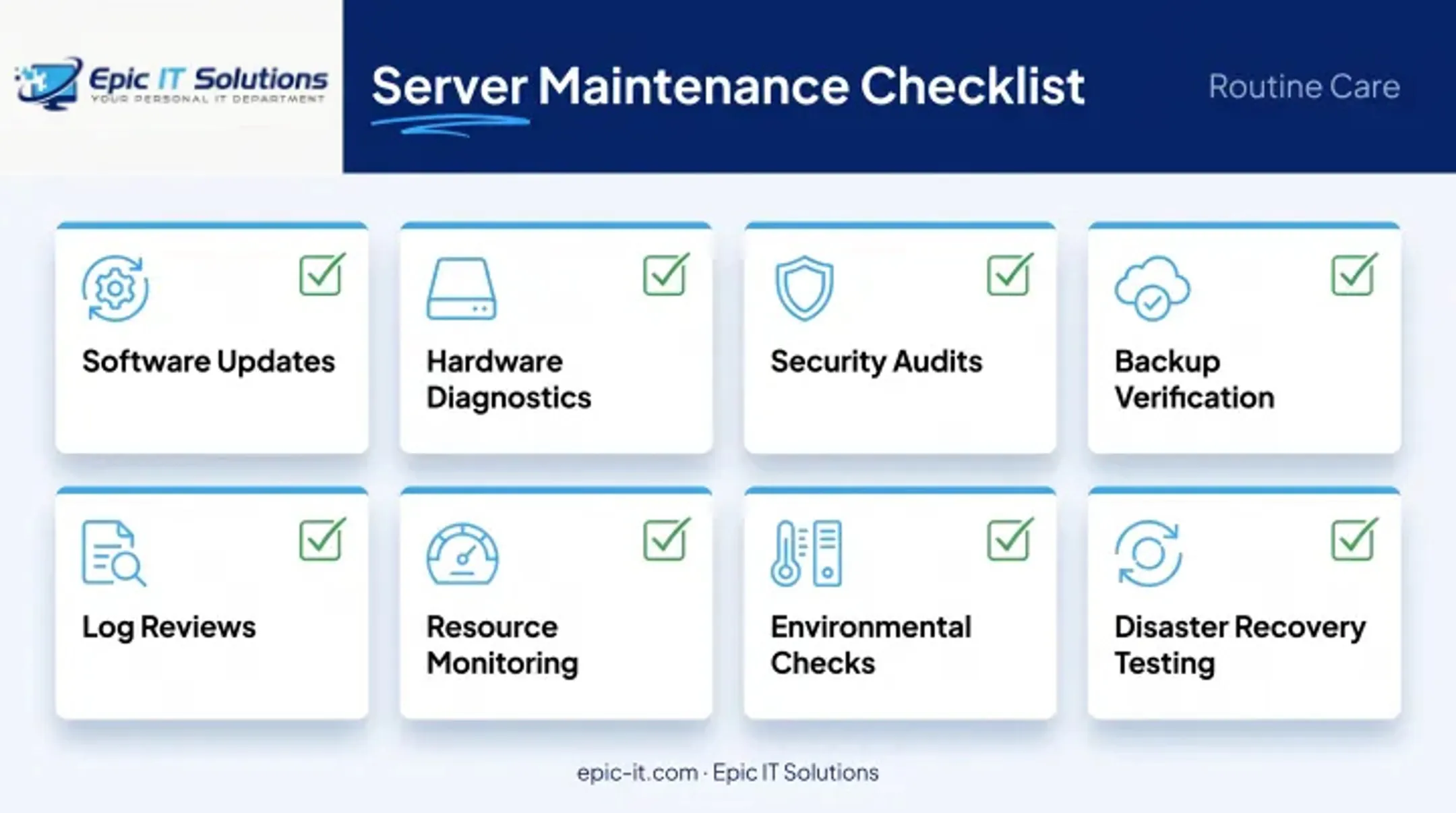 Server maintenance checklist covering updates diagnostics security and backups