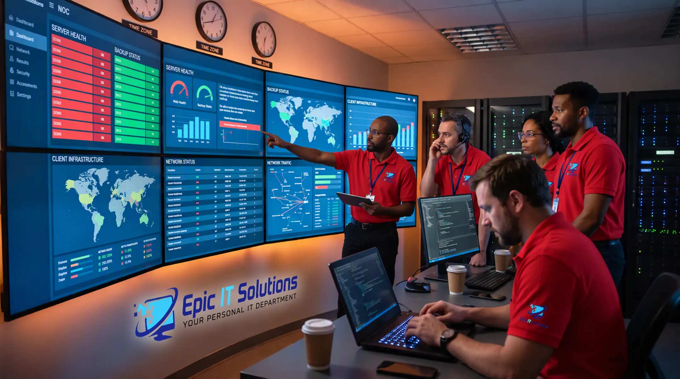 Managed IT team monitoring client servers from network operations center