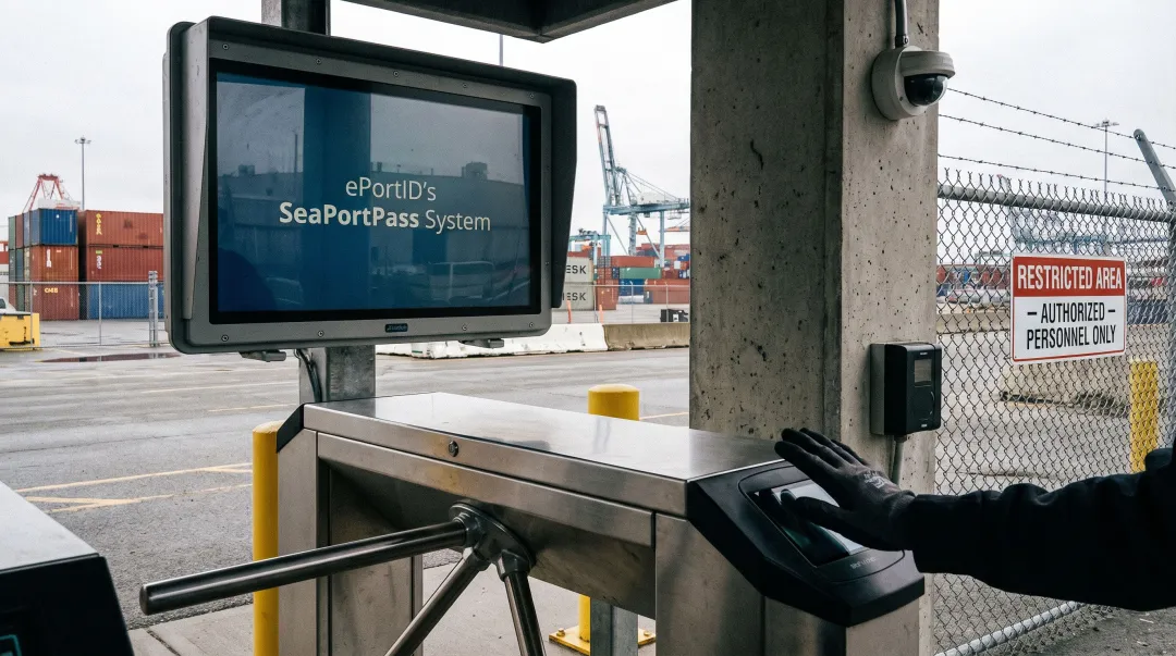 ePortID SeaPortPass palm vein biometric scanner installed at seaport access checkpoint
