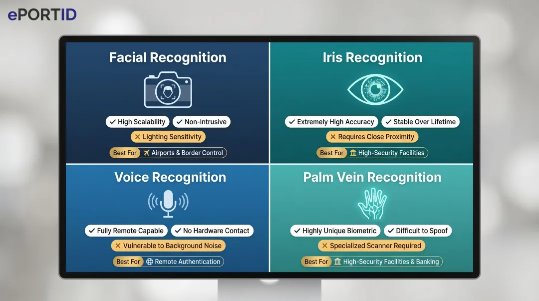 Four contactless biometric modalities comparison chart facial iris voice palm vein