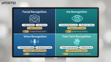 Four contactless biometric modalities comparison chart facial iris voice palm vein