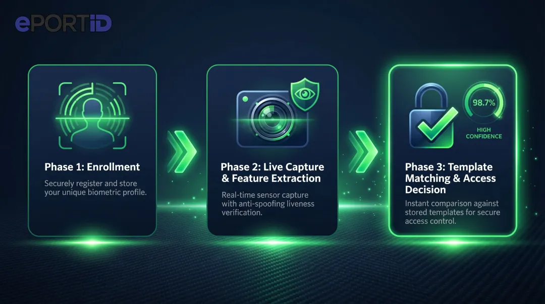 Three-phase contactless biometric verification process enrollment capture matching flow