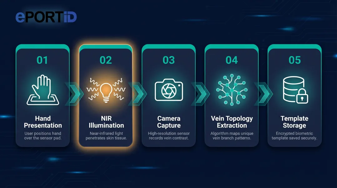 5-step palm vein biometric enrollment process flow diagram