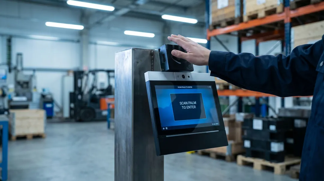 Industrial time clock terminal showing employee palm vein authentication scan