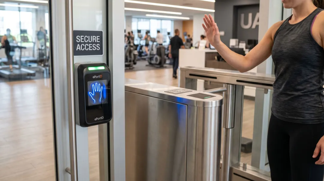 ePortID palm vein scanner installed at gym facility entry door