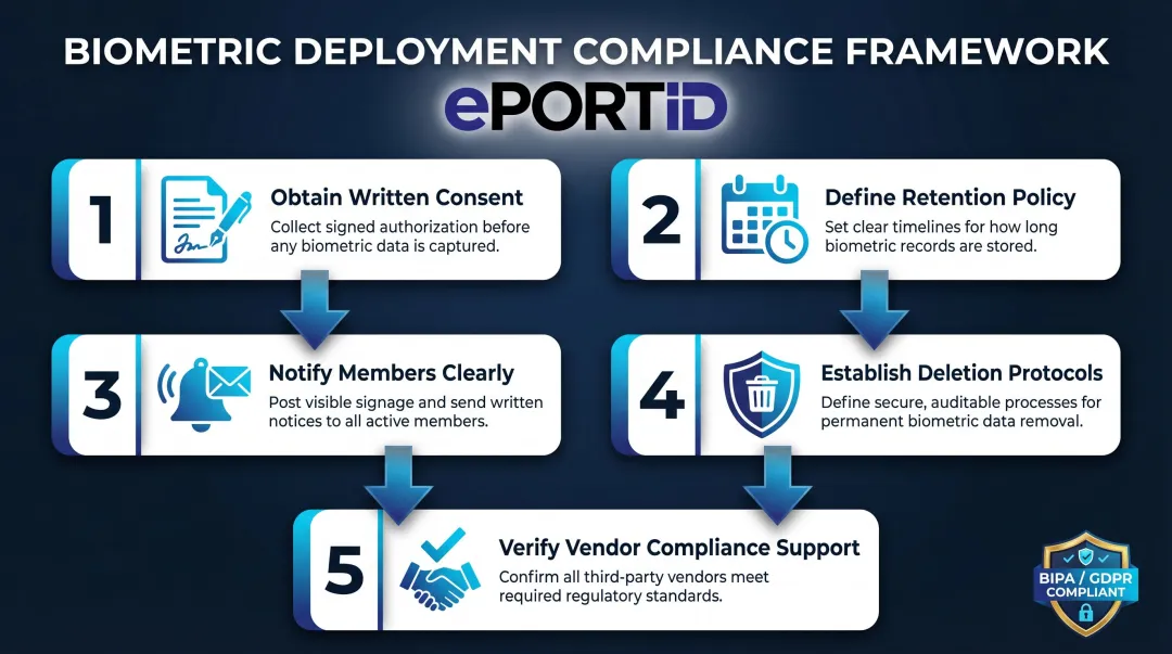 5-step biometric data compliance process for gym operators under BIPA and GDPR