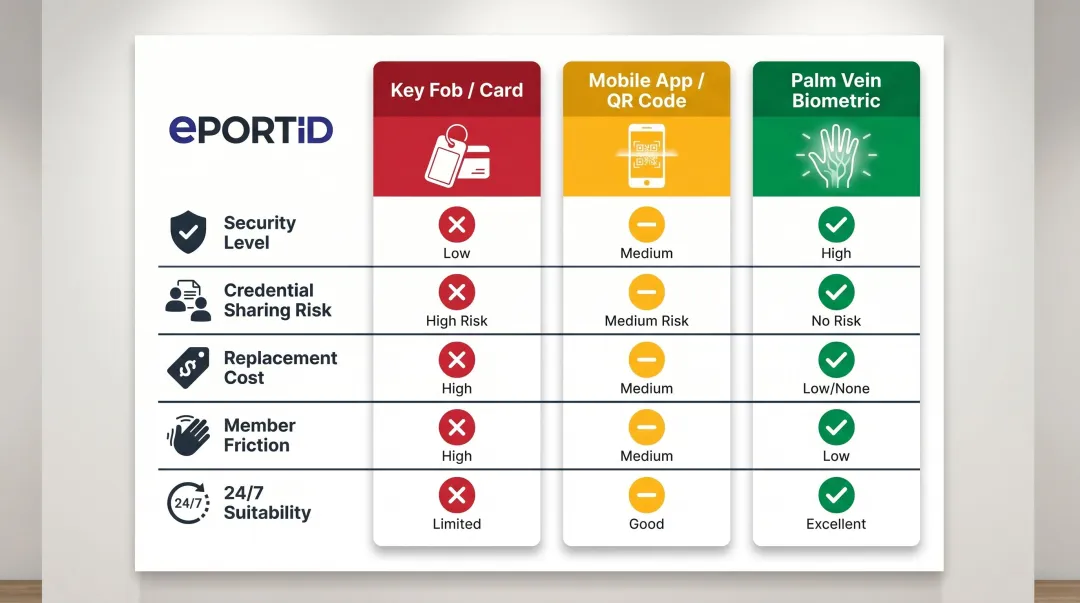 Gym access control method comparison table key fob QR code versus palm vein biometric