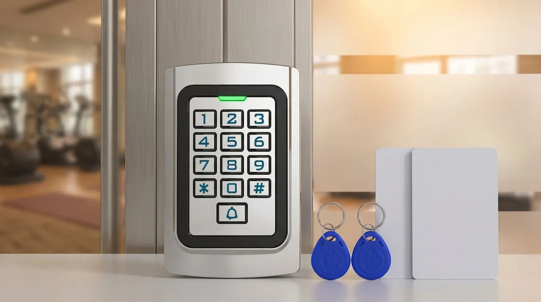 Traditional gym key fob card and PIN access control entry points