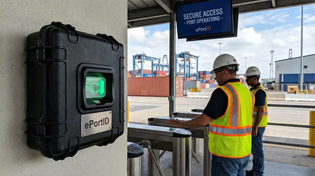 ePortID palm vein biometric scanner deployed at industrial facility entrance