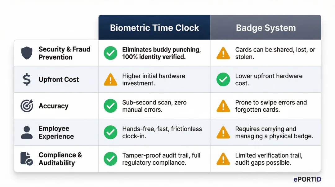 Biometric time clock versus badge system five-factor comparison infographic