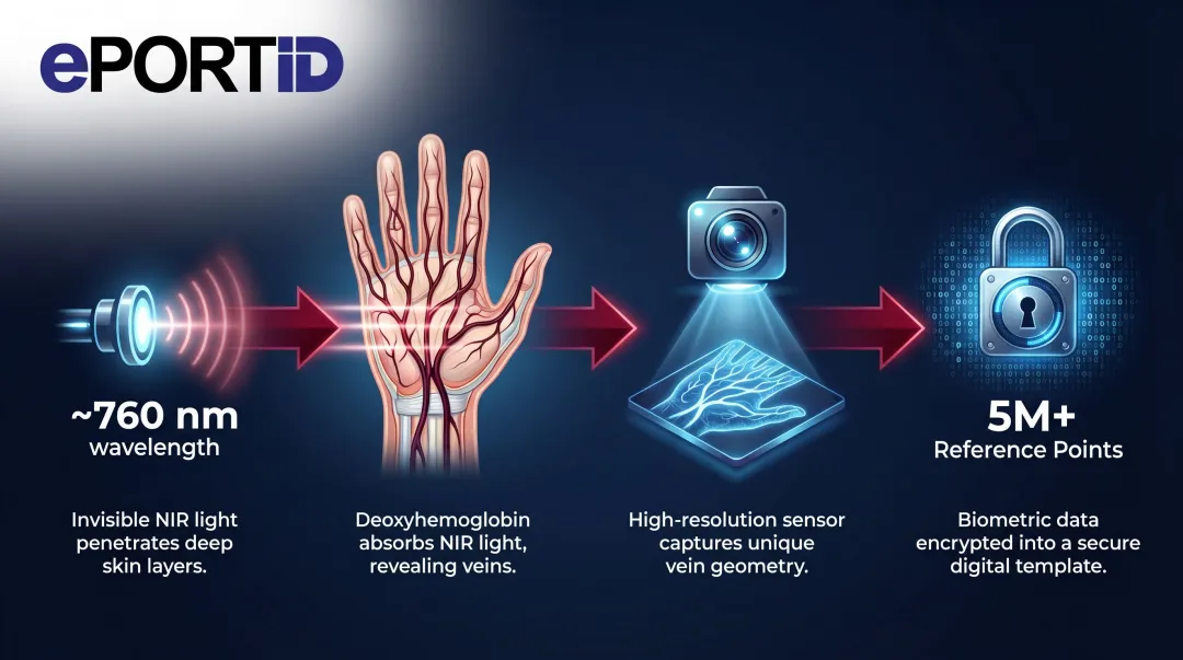Palm vein near-infrared scanning process converting vein pattern to encrypted digital template