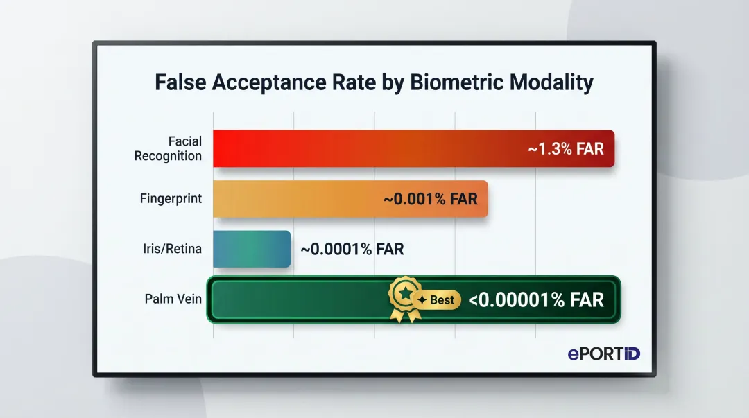Biometric modality false acceptance rate comparison chart palm vein versus fingerprint facial recognition iris