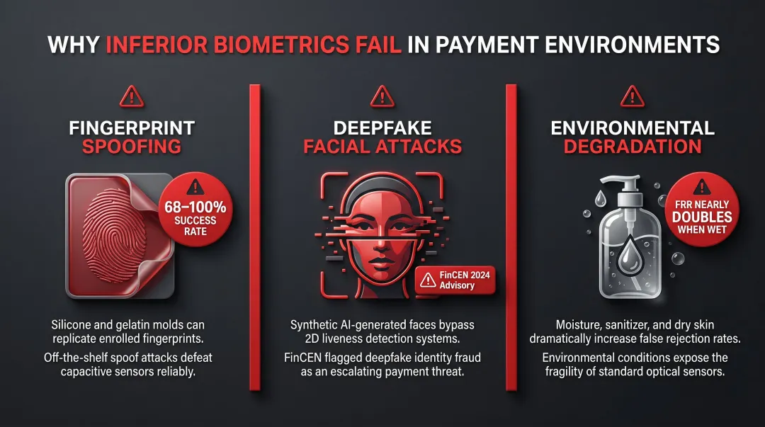 Three biometric authentication failure modes fingerprint spoofing deepfake attacks and sanitizer degradation comparison