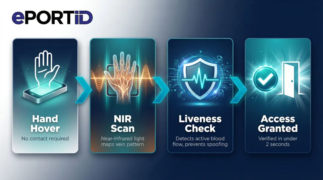 Palm vein biometric scanning four-step verification process flow diagram
