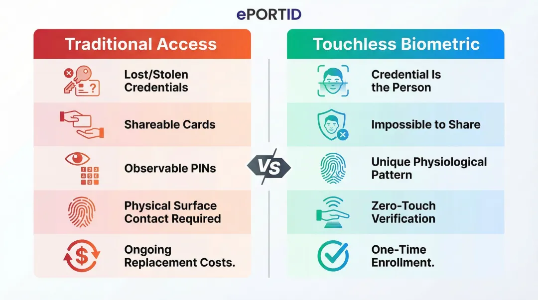 Traditional gym access methods versus touchless biometric five-row comparison chart