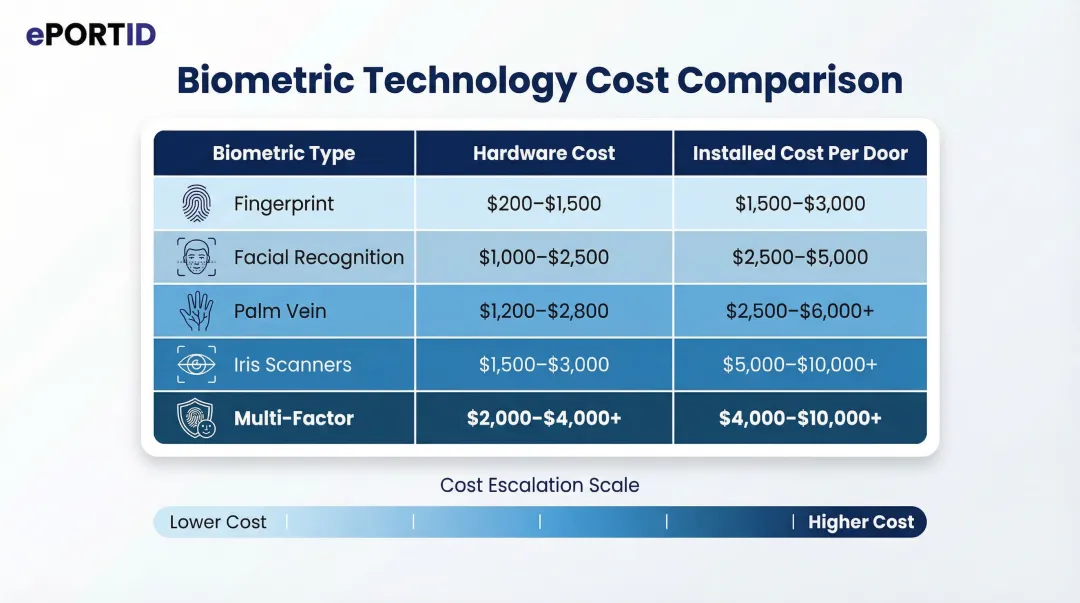 Biometric access control cost comparison table by technology type and door price
