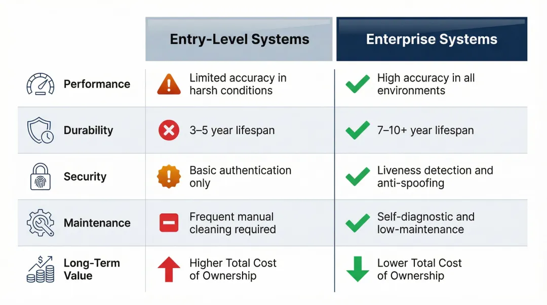 Entry-level versus enterprise biometric system side-by-side performance and cost comparison