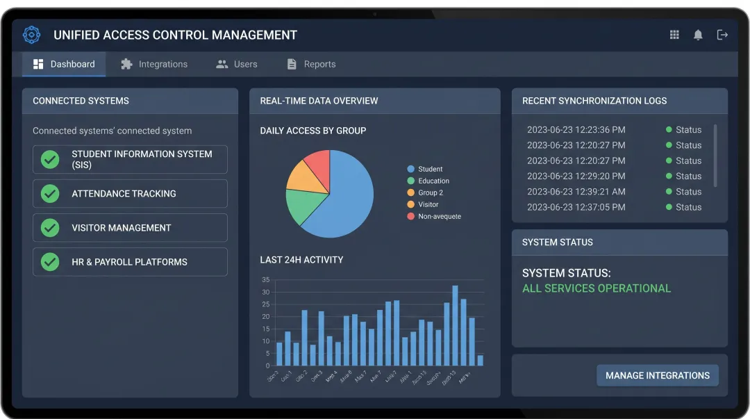 Biometric access control platform dashboard showing campus integration with student and HR systems
