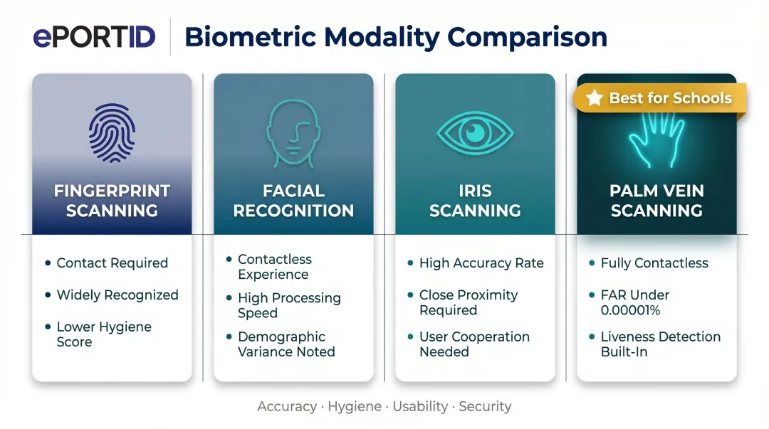 Four biometric access control modalities compared by accuracy hygiene and school suitability