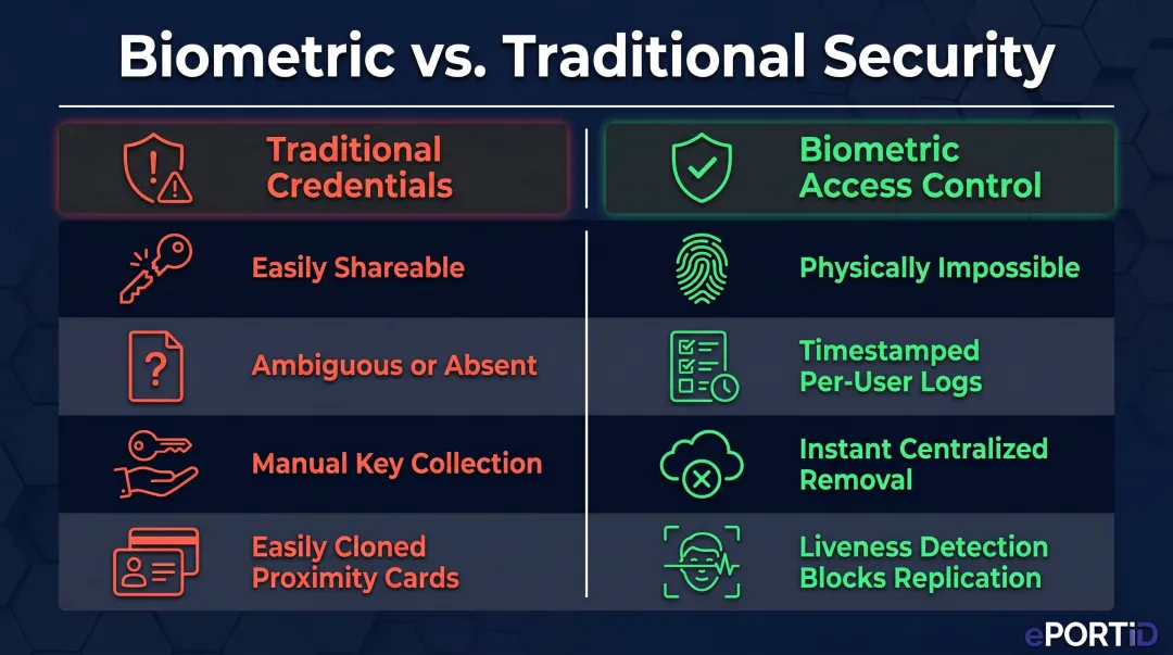 Four biometric security advantages over traditional credential systems comparison infographic