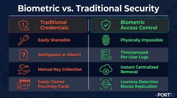 Four biometric security advantages over traditional credential systems comparison infographic