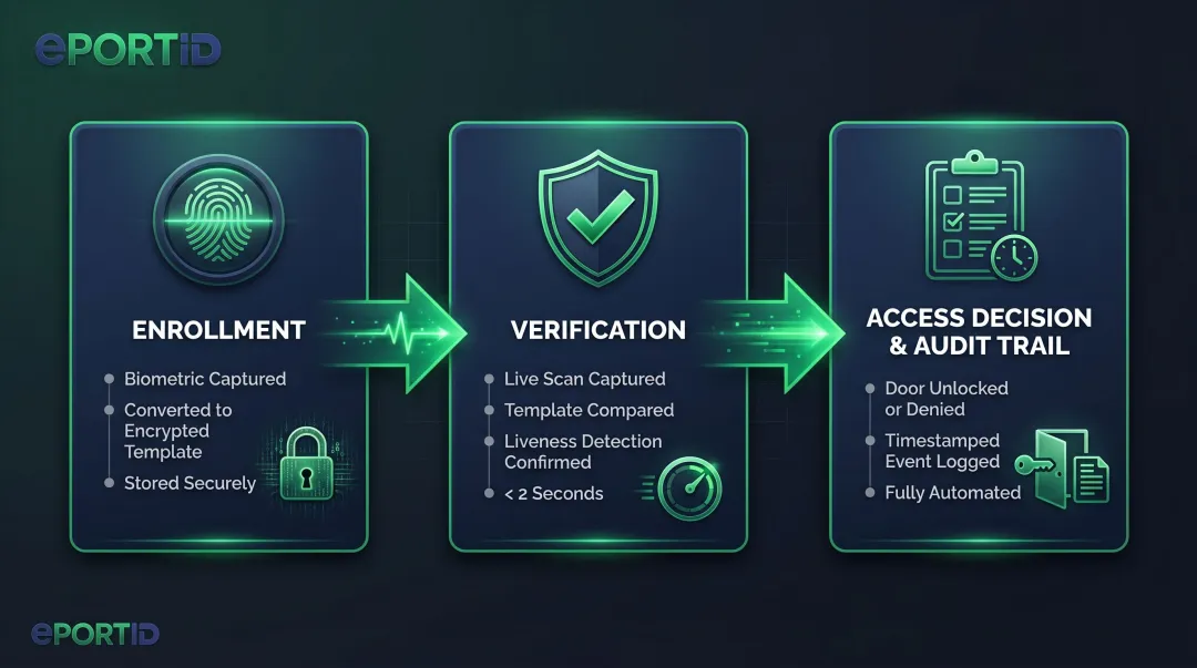 Three-stage biometric access control process enrollment verification and audit trail flow