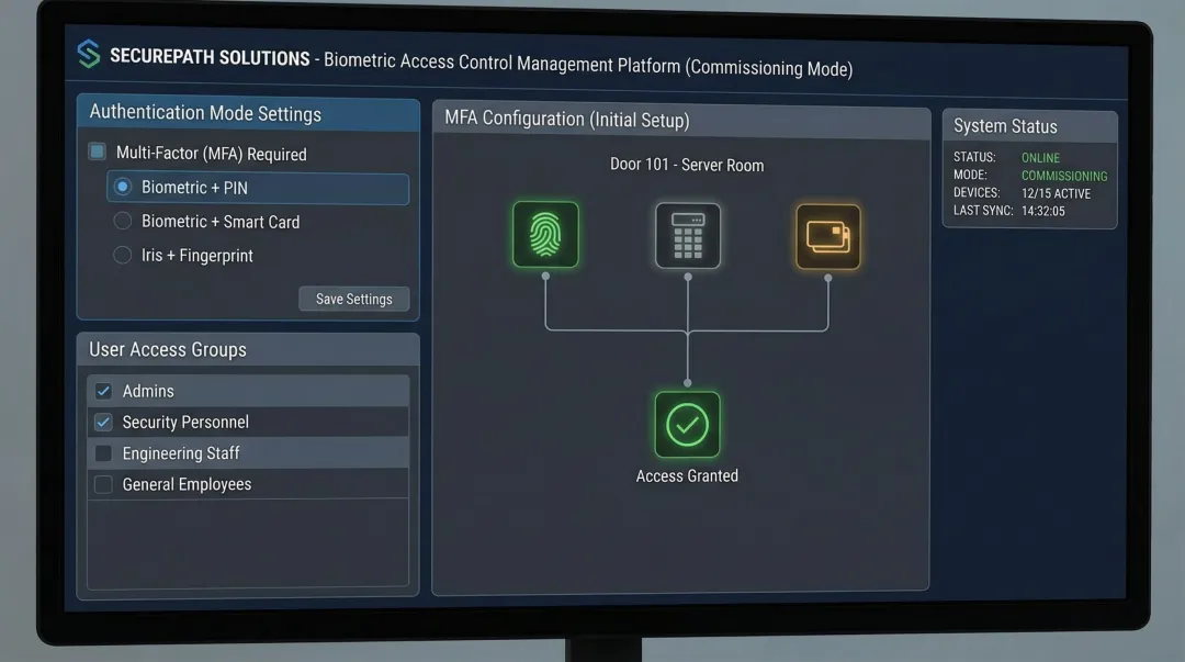 Biometric access control management dashboard displaying multi-factor authentication configuration settings