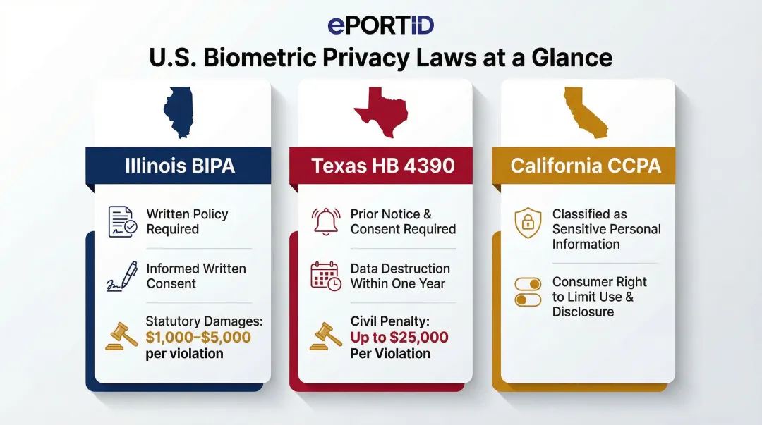 US biometric privacy law comparison Illinois BIPA Texas HB4390 California CCPA requirements