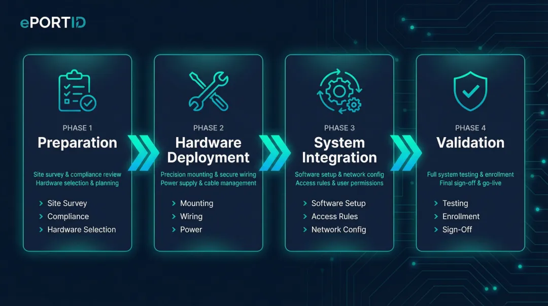 4-phase biometric access control installation process flow diagram
