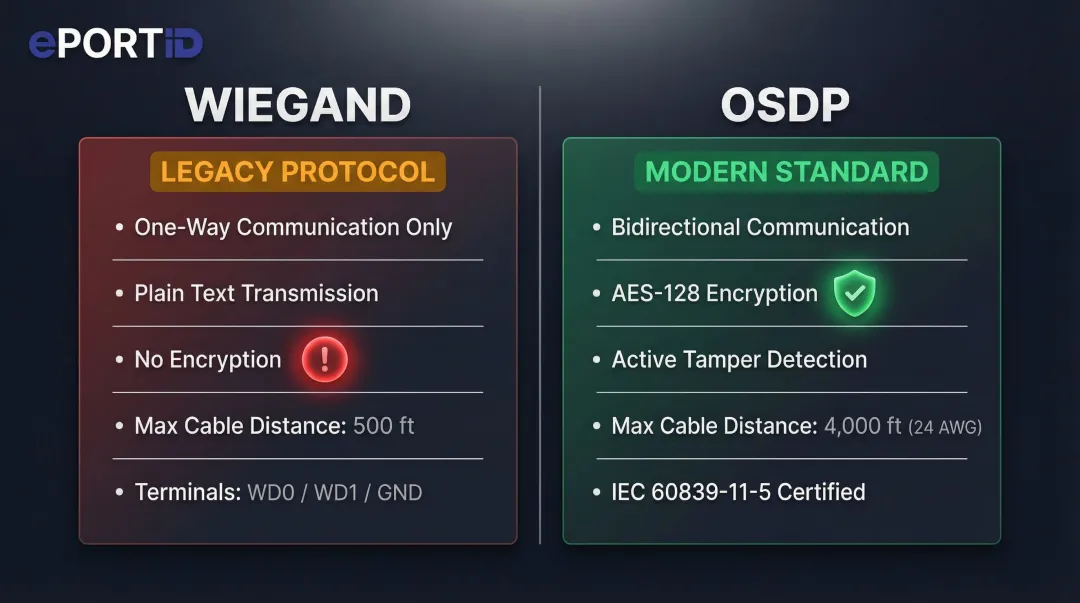 Wiegand versus OSDP access control wiring protocol comparison key specifications