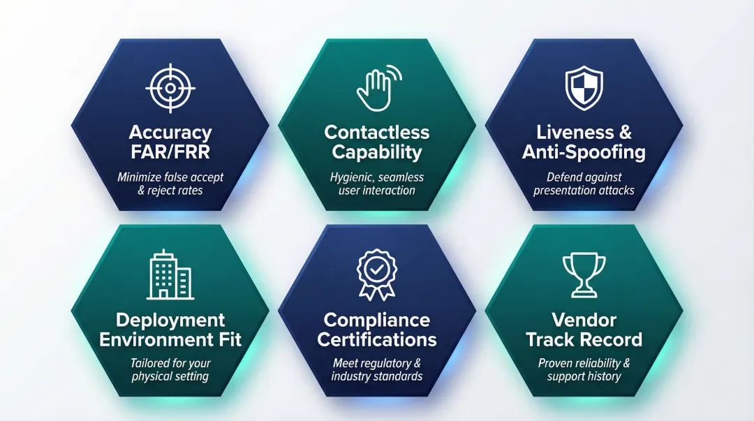 Six biometric authentication evaluation criteria for high-security enterprise deployments infographic