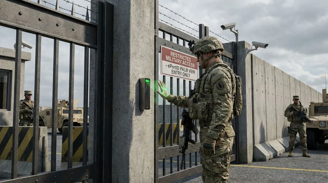 ePortID contactless palm vein scanner mounted at secure facility access point