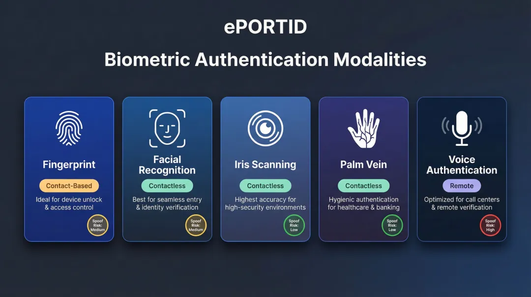 Five biometric authentication modalities comparison chart with security and contact requirements