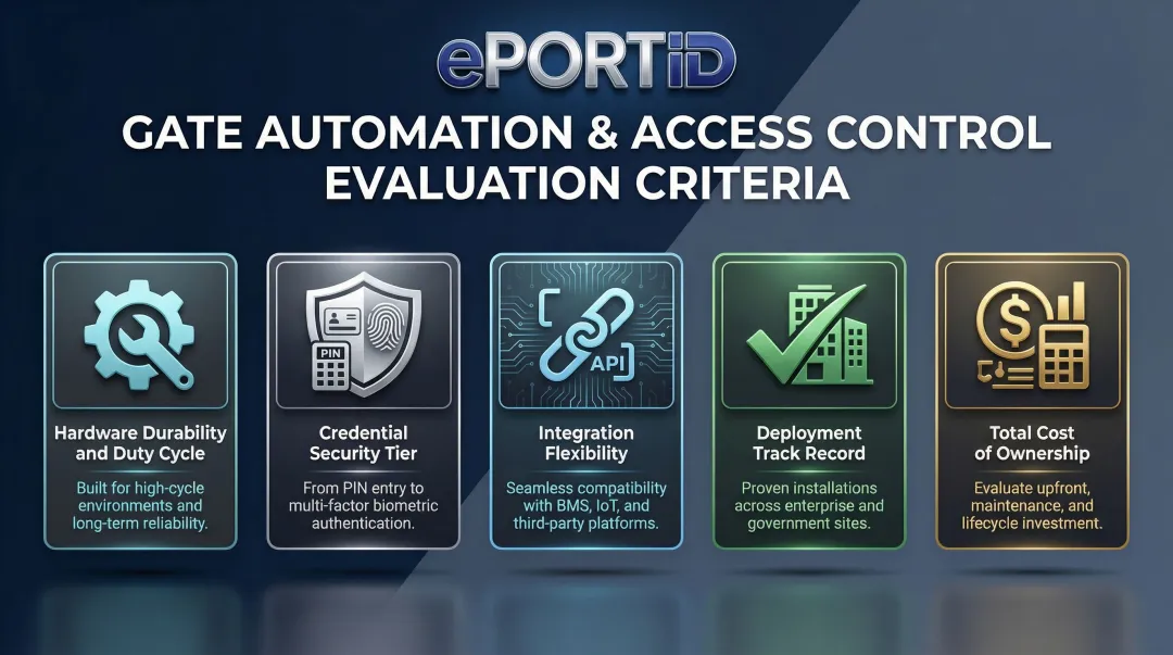 5-criteria gate automation and access control system evaluation framework infographic