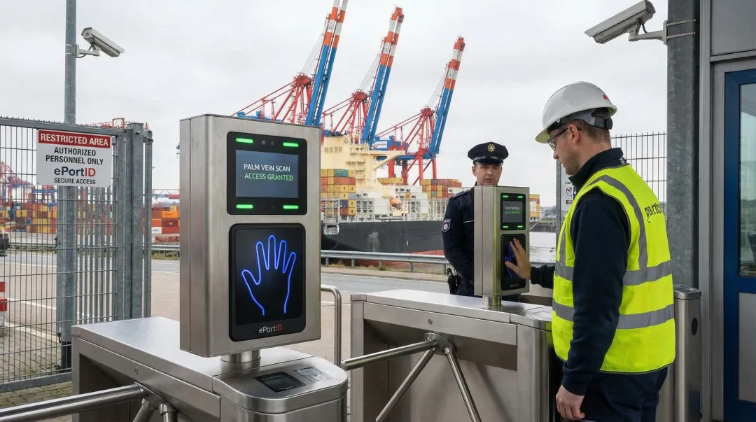 ePortID palm vein access control scanner deployed at secured facility entrance