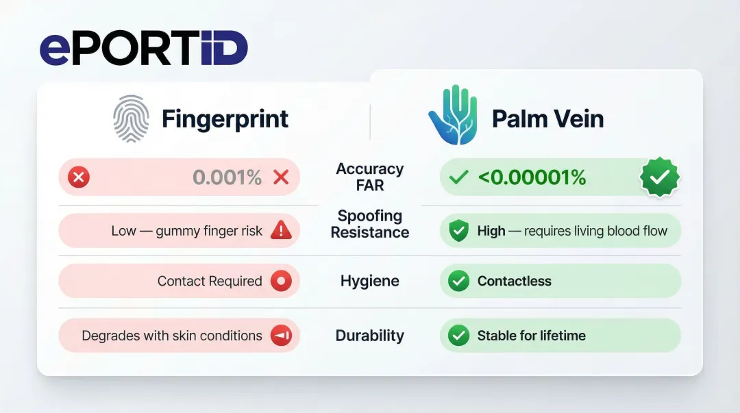 Palm vein versus fingerprint scanning side-by-side security comparison infographic