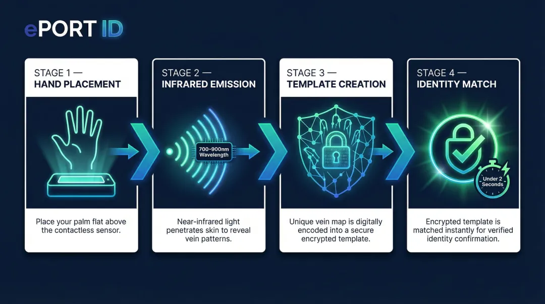 Palm vein scanning enrollment to verification four-step process flow