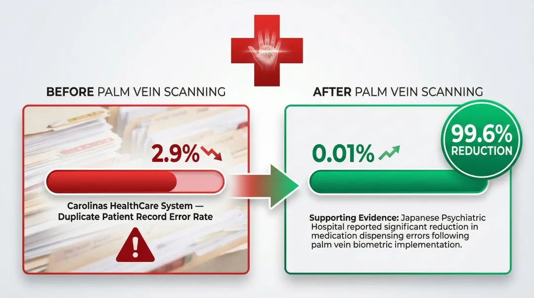 Palm vein healthcare patient identification error rate reduction statistics comparison infographic