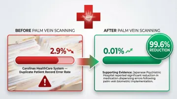Palm vein healthcare patient identification error rate reduction statistics comparison infographic