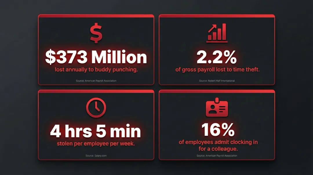 Time theft and buddy punching financial impact statistics across US employers infographic