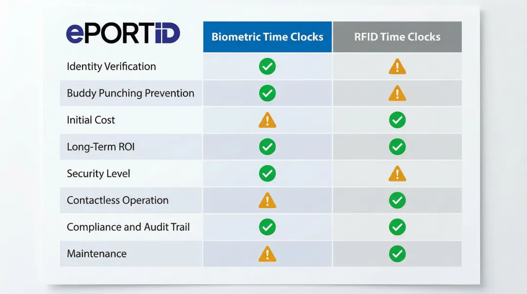 Biometric versus RFID time clock side-by-side comparison across eight decision dimensions