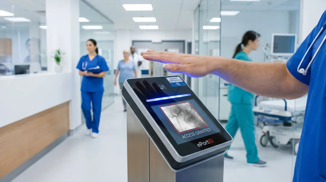 ePortID contactless palm vein biometric scanner verifying hospital staff identity